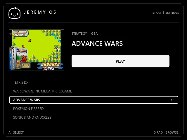 RETRO library with Advance Wars selected and its cover art displayed