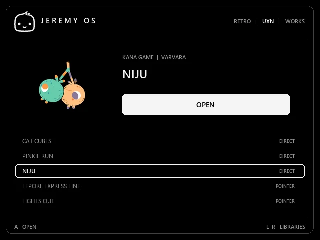 UXN library with Niju selected and an illustration of two colourful creatures