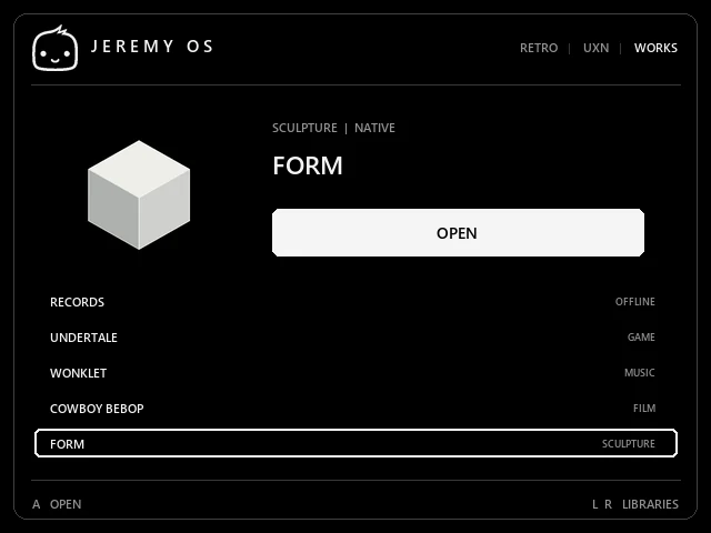 WORKS library with Form selected and a white cube preview